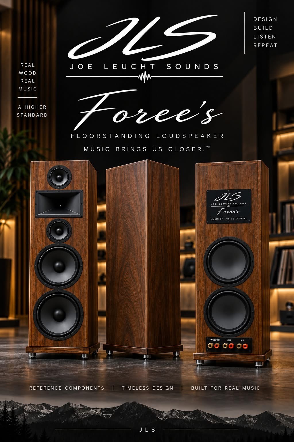 JLS Foree's floorstanding loudspeaker — walnut finish